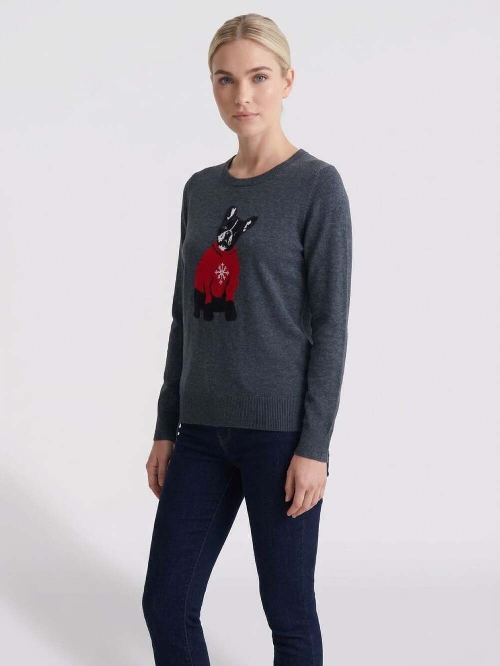 Westport 1962 Frenchie Dog Holiday Sweater Size M Gray Snowflake